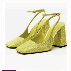 Zara Yellow Crystal Slingback Block Heels